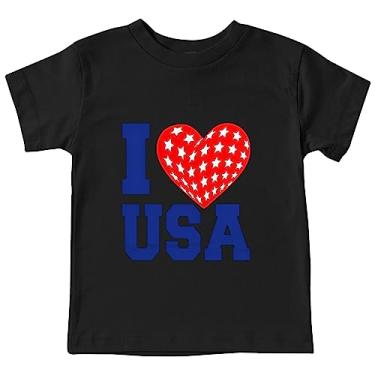 Imagem de Camiseta infantil de manga comprida para meninos I Love USA com estampa de texto da bandeira americana camiseta infantil Independence A Shirt, Preto, 13-14 Anos