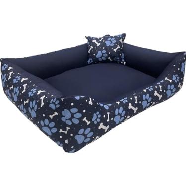 Imagem de Cama Caminha para Pet Cachorro Gato Grande 70x60 com Zíper Lavável e Fundo Impermeável (Azul Ossinhos e Patinhas)