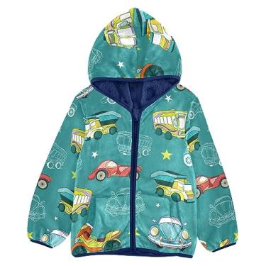 Imagem de KLL Casaco de lã de lã com zíper para meninas de desenho animado caminhões motocicletas casaco infantil meninas azul marinho 3T, Caminhões de desenho animado motocicletas, 3 Anos