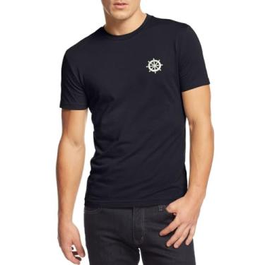 Imagem de Camisetas masculinas casuais náuticas bordadas com rodas de algodão premium confortáveis e macias de manga curta, Preto, P