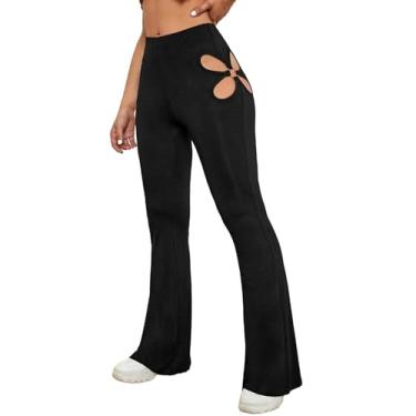 Imagem de Calça feminina flare plus size, calça de moletom de cintura alta, calça jeans de algodão de verão leve para trabalho, Preto, GG