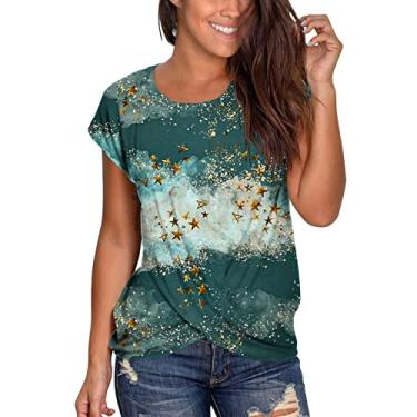 Imagem de Blusas femininas de verão plus size de manga curta com estampas estampadas blusas de algodão modernas camisetas camponesas túnica atlética, Verde, XXG