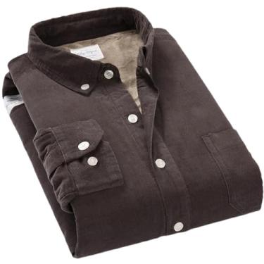 Imagem de Camisa masculina de algodão veludo cotelê quente inverno forro grosso de lã térmica manga comprida camisas masculinas, Café escuro, 3G
