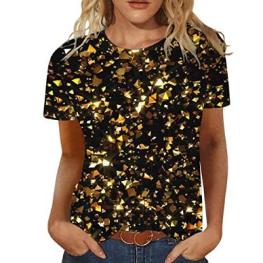 Imagem de PKDong Camiseta feminina moderna com estampa Blingling gola redonda manga curta camisetas modernas, Dourado, GG
