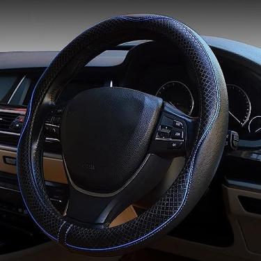 Imagem de ESEWALAS Capa universal para volante de carro, capa de volante de couro antiderrapante, protetor de volante estilo esportivo, acessórios interiores de carro capas de volante automotivas (preta com azul)