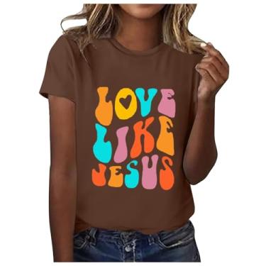 Imagem de Camisetas femininas de verão 2024 Love Like Jesus Faith Graphic Camiseta casual inspiradora de manga curta, Ofertas relâmpago marrom, G