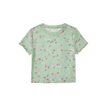 Imagem de SOLY HUX Camiseta feminina com estampa floral de malha transparente, manga curta, acabamento de alface, Verde menta floral, P