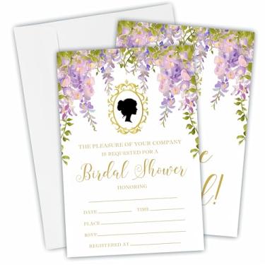 Imagem de 25 cartões de convite de chá de panela com envelopes - Flor e retrato de glicínia - Convites frente e verso em aquarela para recém-casados, celebração de casamento e chá de panela, lembrancinhas de