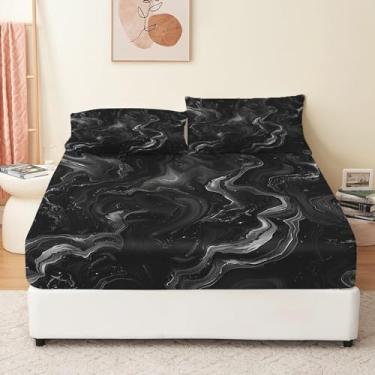 Imagem de Eojctoy Jogo de lençol solteiro com tema preto mármore ultramacio 100% microfibra - 40,6 cm com bolso profundo respirável e confortável - 4 peças de lençol
