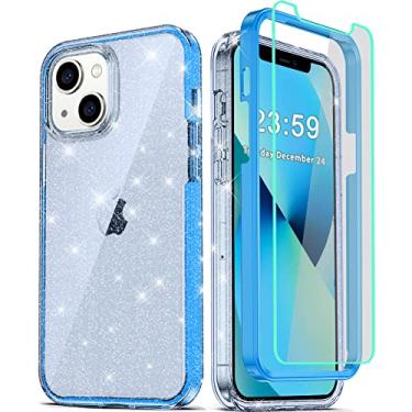 Imagem de COOLQO Capa compatível com iPhone 13/iPhone 14, com [2 x protetores de tela de vidro temperado] glitter transparente brilhante 360 cobertura total silicone 3 em 1 à prova de choque azul