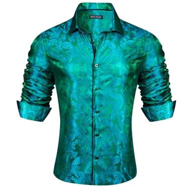 Imagem de Barry.Wang Camisa masculina fashion de seda Paisley flor manga comprida para festa de negócios casual botão masculino, B - azul-petróleo, M