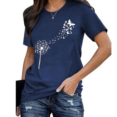 Imagem de Camiseta feminina de dente-de-leão com estampa de flores silvestres e flores de verão, Azul, P