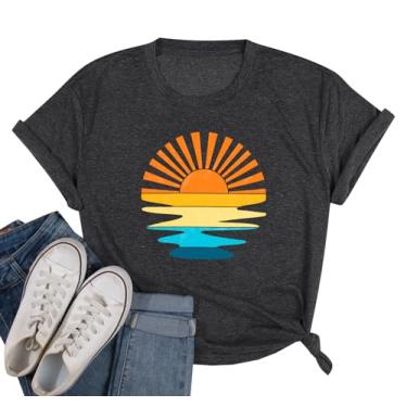 Imagem de Camiseta feminina retrô Sunset Rays com estampa de água ondulada vintage Summer Time Beachy Vibes, Cinza escuro, P