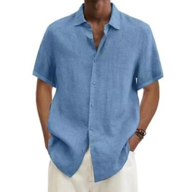 Imagem de PEVOSU Camisa social masculina casual abotoada manga curta verão camiseta praia linho textura camisas, Azul, 3G