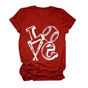 Imagem de Camiseta feminina com estampa de beisebol, caimento solto, gola redonda, túnica de manga curta, camiseta de beisebol de verão, Vermelho, P