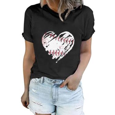 Imagem de Camiseta feminina com estampa de coração de beisebol, gola redonda, caimento solto, túnica, casual, manga curta, Preto, P