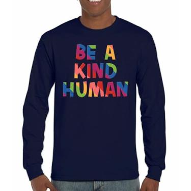 Imagem de Camiseta Be a Kind Human Puff Print Manga Longa Mensagem Positiva Citação Inspiradora Motivação Diversidade Incentivadora, Azul marinho, GG