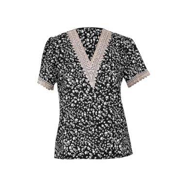 Imagem de Blusa feminina de poliéster quadridirecional elástica floral renda patchwork gola V camisa para o verão, Tipo 2 GG, One Size