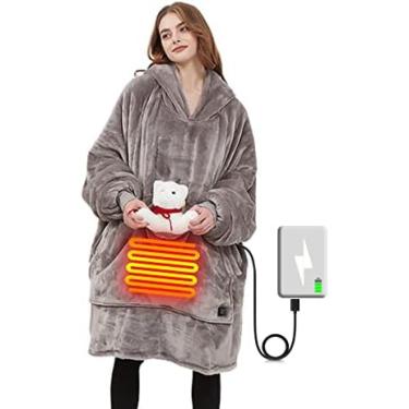Imagem de Moletom com capuz de aquecimento grande, cobertores térmicos USB de inverno -3 zonas de aquecimento e bolsos enormes, moletom com capuz portátil para camping/pesca/casas frias, cinza