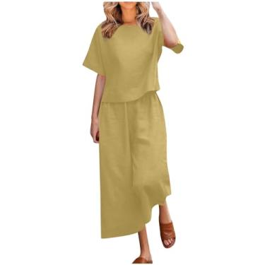 Imagem de Conjuntos de linho para jovens, outono e verão, 2 peças, perna reta, blusa lisa, conjunto de calça feminina 2024, R-537 amarelo mostarda, P