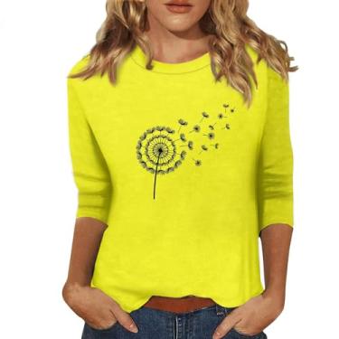 Imagem de Camiseta feminina gola redonda mangas 3/4 com estampa de dente-de-leão folgada camisetas casuais modernas roupas de treino, Amarelo, 4G
