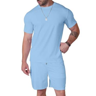 Imagem de Uni Clau Conjunto masculino de 2 peças, conjunto de shorts e camisa de manga curta, roupa casual de verão para homens, Azul-claro, GG