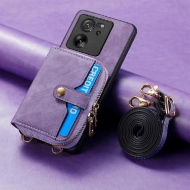 Imagem de Bolsa de cartões com zíper crossbody Capa carteira de couro para Xiaomi Note 13 12 Pro 11 lite POCO X5 X4 13T Capa de corda longa, roxa, para Redmi Note11 4G