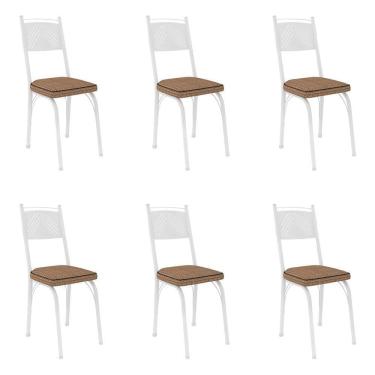 Imagem de Kit 6 Cadeiras De Cozinha Virginia Estampado Rattan Bege Pés De Ferro Branco