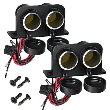 Imagem de [Nova atualização] 2 pacotes de isqueiro para carro com fusível de 15A, plugue duplo de substituição de tomada de energia à prova d'água 12V com parafusos de fio/montagem para carro caminhão naval ATV Rv