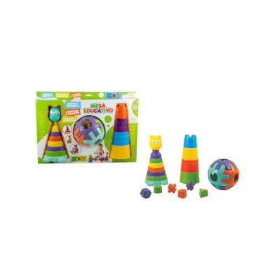 Imagem de Kendy KIT Brinquedo Mega Educativo, com 1 Torre Educativa com 4 peças 1 Bola Educativa Tamanho P com 6 formas geométricas e 1 Urso com 6 anéis coloridos