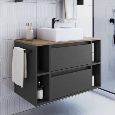 Imagem de Gabinete de Banheiro Suspenso 80cm com 4 Nichos 1 Toalheiro 1 Porta 1 Gaveta Bh8010 com Cuba Mel/Grafite