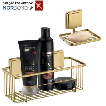 Imagem de Kit Suporte Porta Shampoo Prateleira Saboneteira Banheiro Adesivo Dupl
