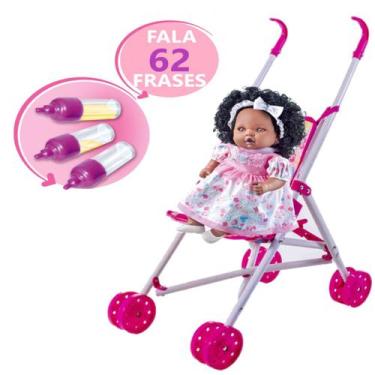 Imagem de Kit Boneca Angelina Negra Linda 62 Frases + Carrinho Rosa - Milk Brinq