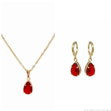 Imagem de Conjunto Colar + Brinco Pedra Cristal Vermelho Folheado Ouro 18k Antia