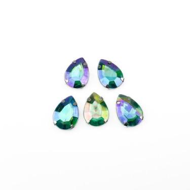 Imagem de Chaton Acrilico Gota Verde Furta-Cor Engrampado Prata 13x18mm - 5 unid