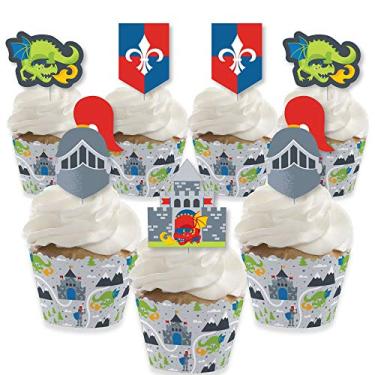 Imagem de Big Dot of Happiness Calling All Knights and Dragons - Decoração de cupcake - Kit de embalagem de cupcake e palitos de petiscos para festa medieval ou festa de aniversário - Conjunto de 24