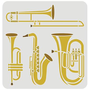 Imagem de FINGERINSPIRE Estêncil de instrumento de sopro 30 x 30 cm reutilizável para saxofone, trompete, tuba, trombone, estêncil de instrumentos de jazz para pintura na parede, madeira, móveis e papel
