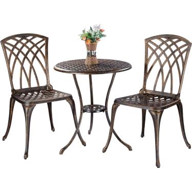 Imagem de ZOTORUN Conjunto Bistrô de 3 Peças de Móveis de Pátio de Alumínio Fundido, 2 Cadeiras e 1 Mesa Redonda com Furo para Guarda-Chuva para Exterior, Varanda de Pátio, Bronze