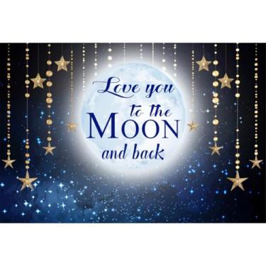 Imagem de YongFoto Love You to The Moon and Backdrop 2,1 x 1,5 m Twinkle Twinkle Little Star Blue Night Sky Fotografia Fundo aniversário chá de panela festa festa bolo decoração estúdio fotográfico