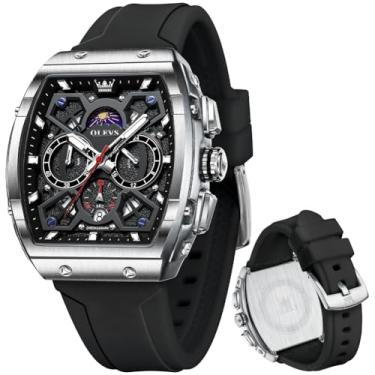 Imagem de OLEVS Relógio masculino com cronógrafo, impermeável, luminoso, pulseira de silicone, multifuncional, para homens, quartzo, calendário de negócios, relógio de pulso masculino, Relógio preto prateado