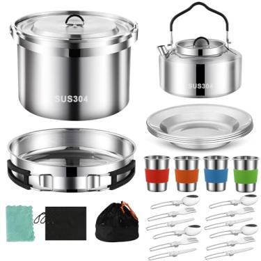 Imagem de Kit de bagunça de utensílios de cozinha, aço inoxidável 304, conjunto de panela e panela de acampamento com sopros, copos, pratos, garfos, facas, colheres para caminhadas, piquenique, acampamento para