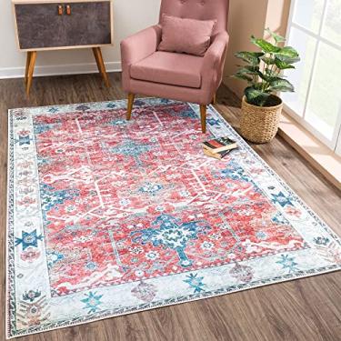 Imagem de Bloom Rugs Tapete lavável antiderrapante 9,5 x 1,5 m - Tapete de área tradicional vermelho/azul para sala de estar, quarto, sala de jantar e cozinha - Tamanho exato: 9,5 x 1,5 m