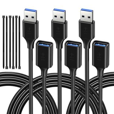 Imagem de Cabo extensor USB de 3 m (pacote com 3), cabo de extensão USB 3.0, USB A macho para fêmea, compatível com pen drive USB, disco rígido, leitor de cartão, webcam, impressora, teclado, mouse, playstation, Xbox, fone de ouvido VR