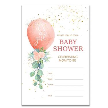 Imagem de YIDOU Balão rosa verde menina chá de bebê convites florais chá de bebê festa preencher convites cartões 20 convites e envelopes (dupla face)