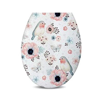 Imagem de Assento de vaso sanitário com fechamento suave, fácil de montar, belo design impresso, tampa de vaso sanitário espessada, painel universal tipo U PP para pássaros de banho