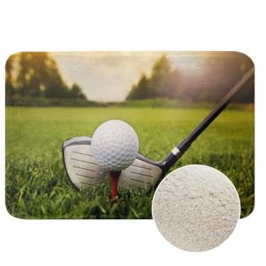Imagem de Tapete de banheiro de golfe bola em grama verde treinamento pôr do sol microfibra caxemira sintética tapete de banho de pelúcia grossa antiderrapante absorvente de água tapete de banho para banheira,