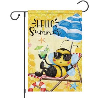 Imagem de Heyfibro Bandeira de jardim Hello Summer 30,5 x 45,7 cm, serapilheira dupla face, primavera, verão, abelha, sinalizadores pequenos, faixa de verão com suco de limão para decoração sazonal ao ar livre