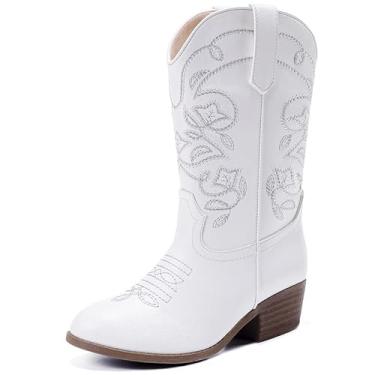 Imagem de LAURMOSA Botas de caubói ocidentais cano médio bico fino infantil botas de cowgirl bordado zíper lateral meninas botas de equitação botas country festa para crianças pequenas e grandes, Branco, 12