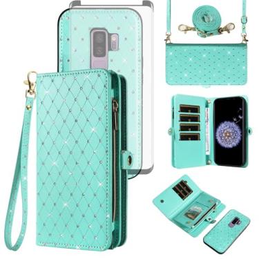 Imagem de Asuwish Capa de celular para Samsung Galaxy S9 Plus carteira com zíper destacável com protetor de tela de vidro temperado alça de cordão flip com glitter slot para cartão S9+ 9S 9+ S 9 9 plus S9plus
