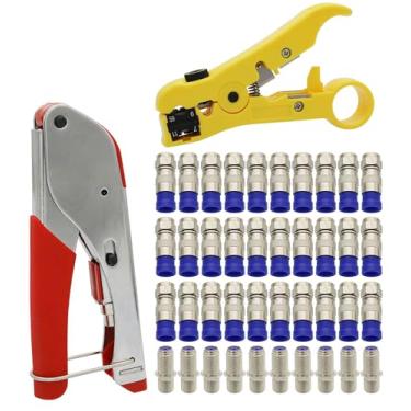 Imagem de Zkarabc Crimpador de Cabo Coaxial e Conectores F Rg6 30 Peças F Macho e 10 Peças Fêmea para Fêmea com Kit de Ferramentas de Compressão Coaxial, Descascador de Fios